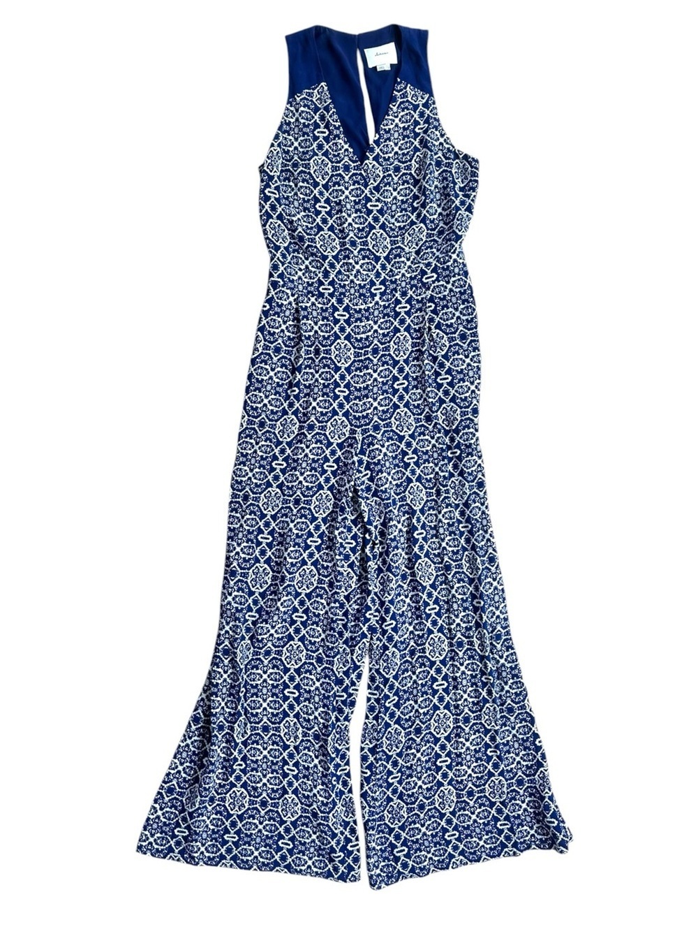 Elevenses Anthropologie Navy Blue and White Wide Leg Jumpsuit with Pockets